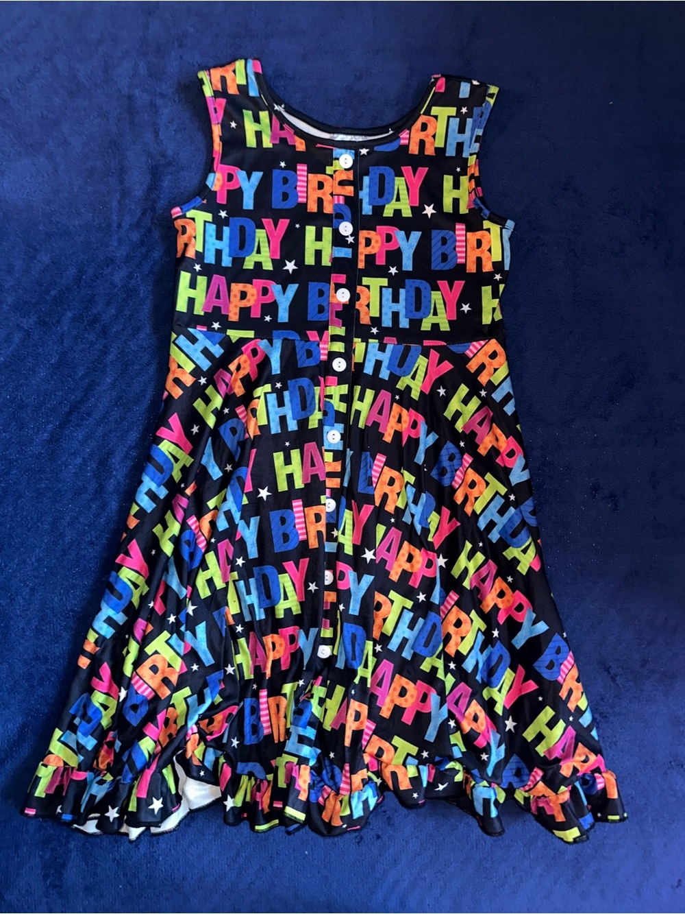 Ruffle Girls Happy Birthday Multi Color Print Black Sleeveless Ruffle Dress 5 XL